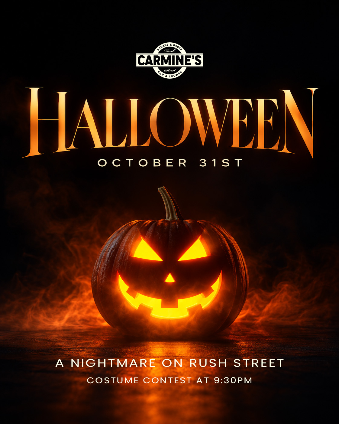 Carmine’s Rush Street Halloween flyer with a glowing jack-o’-lantern, October 31 and costume contest at 9:30 PM